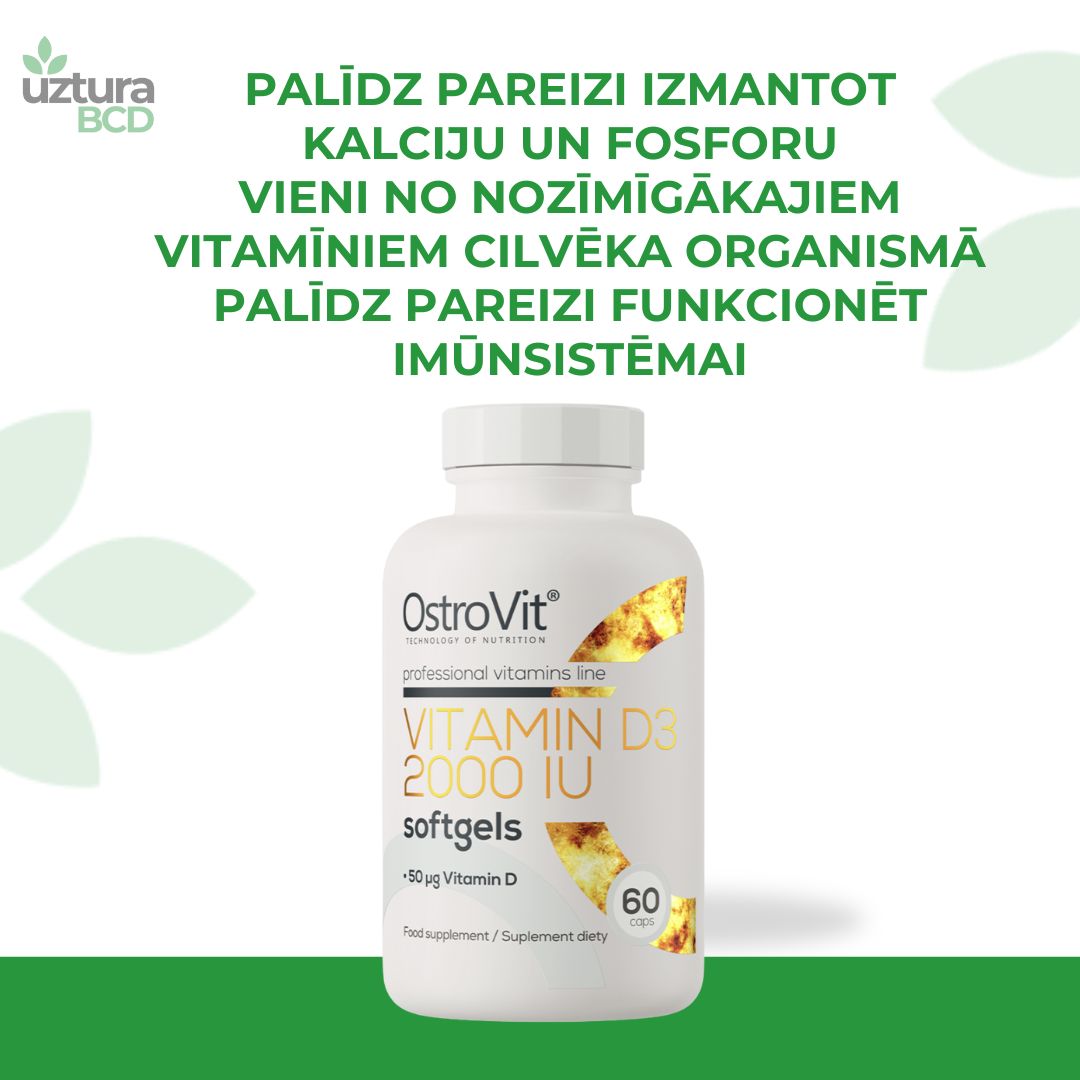 D vitamīns 2000 Ostrovit kapsulās. palīdz pareizi izmantot kalciju un fosforu
vieni no nozīmīgākajiem vitamīniem cilvēka organismā
palīdz pareizi funkcionēt imūnsistēmai