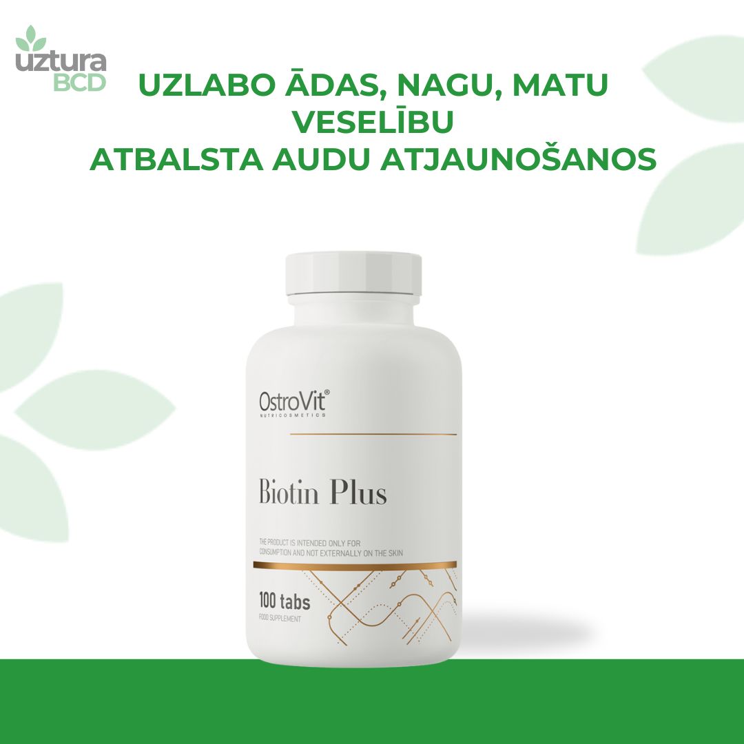 Biotīns Biotin PLUS no Ostrovit uzlabo ādas, matu un nagu veselību,, atbalsta audu atjaunošanos