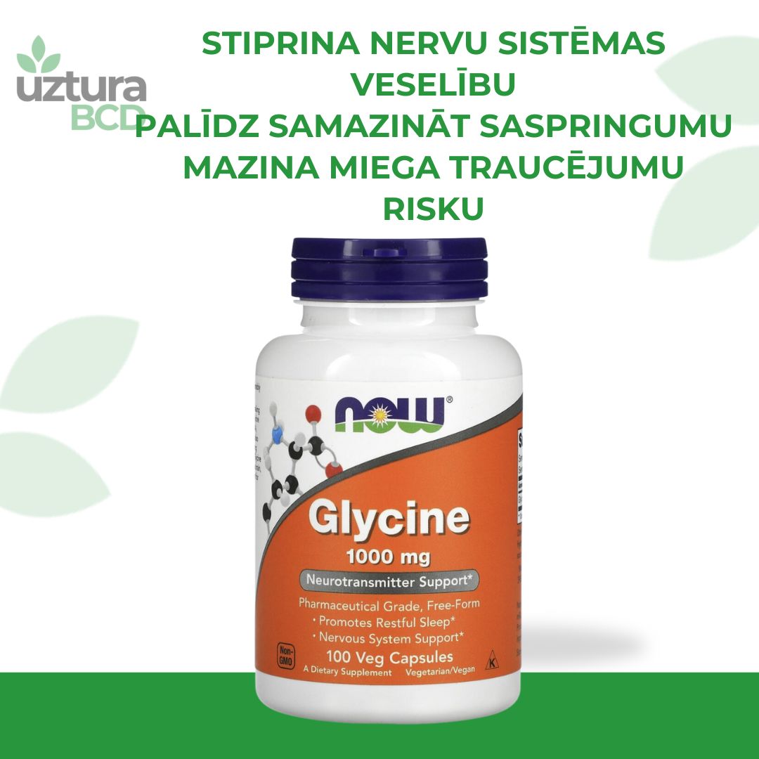 Glicīns NOW, stiprina nervu sistēmas veselību, palīdz samazināt saspringumu, mazina miega traucējumu risku