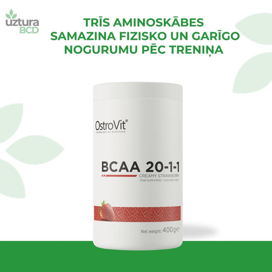 BCAA trīs sazarotu ķēžu aminoskābes no Ostrovit.  BCAA piedevas samazina fizisko un garīgo nogurumu pēc treniņa. BCAA kā enerģijas avota izmantošana ļauj ietaupīt muskuļu glikogēnu.
