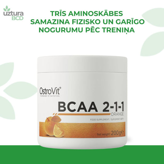 BCAA trīs sazarotu ķēžu aminoskābes no Ostrovit.  BCAA piedevas samazina fizisko un garīgo nogurumu pēc treniņa. BCAA kā enerģijas avota izmantošana ļauj ietaupīt muskuļu glikogēnu.
