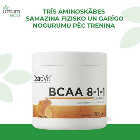 BCAA trīs sazarotu ķēžu aminoskābes no Ostrovit.  BCAA piedevas samazina fizisko un garīgo nogurumu pēc treniņa. BCAA kā enerģijas avota izmantošana ļauj ietaupīt muskuļu glikogēnu.