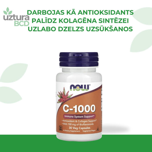 C vitamīns NOW. Darbojas kā antioksidants, palīdz kolagēna izstrādei, uzlabo dzelzs uzsūkšanos
